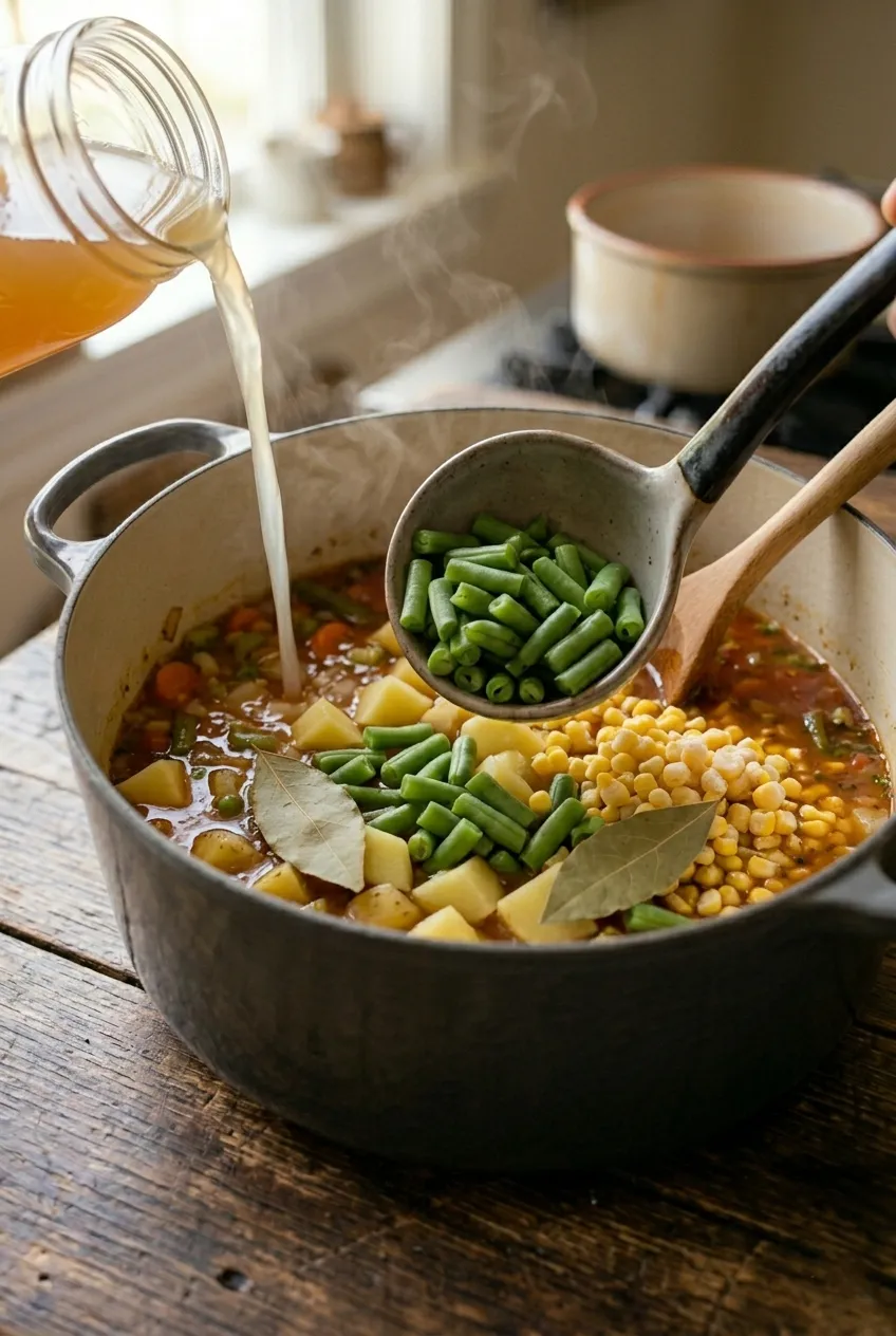 Step 7: Add Stock and Remaining Vegetables
