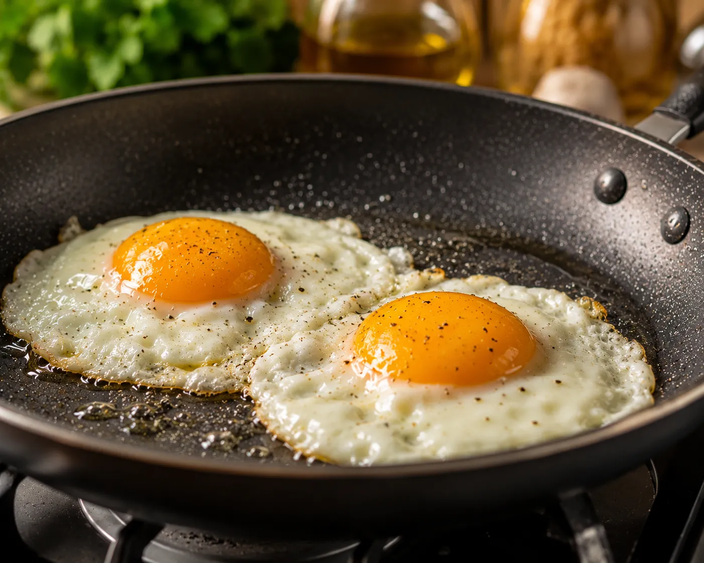 Eggs frying for Spinach and Feta Egg Toast recipe