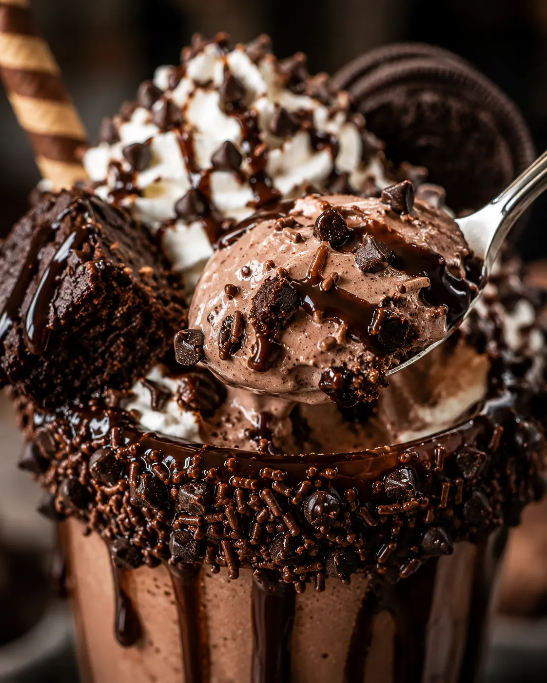 Close-up of creamy chocolate freakshake texture with whipped cream and mini chocolate chips