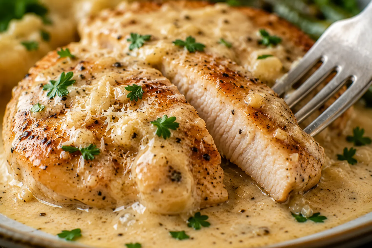 Close-up of tender creamy garlic chicken with rich sauce