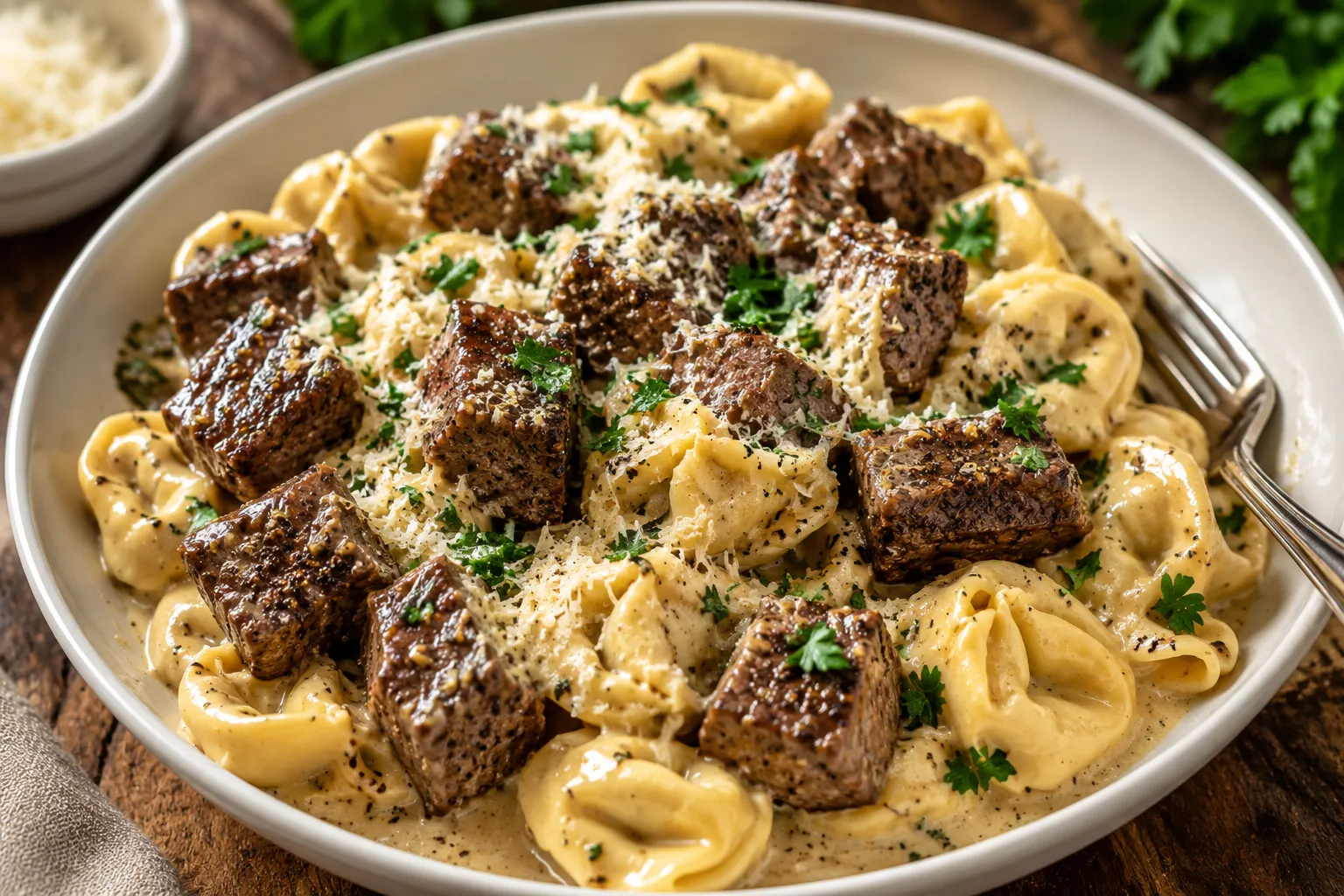 Creamy cheese tortellini topped with garlic steak bites