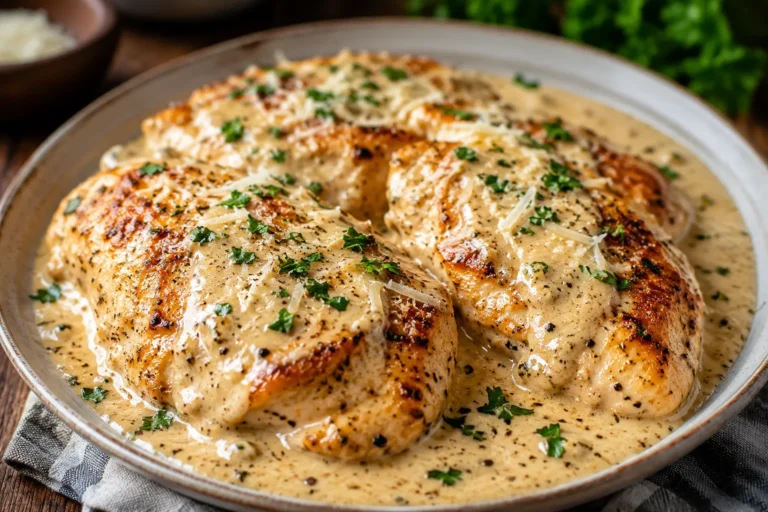 Creamy garlic chicken recipe served with parmesan sauce and parsley