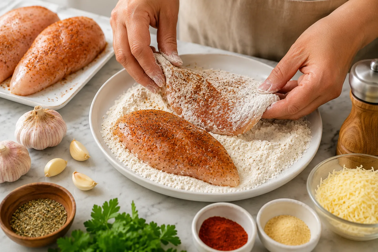 Chicken breasts seasoned and coated in flour for creamy garlic chicken