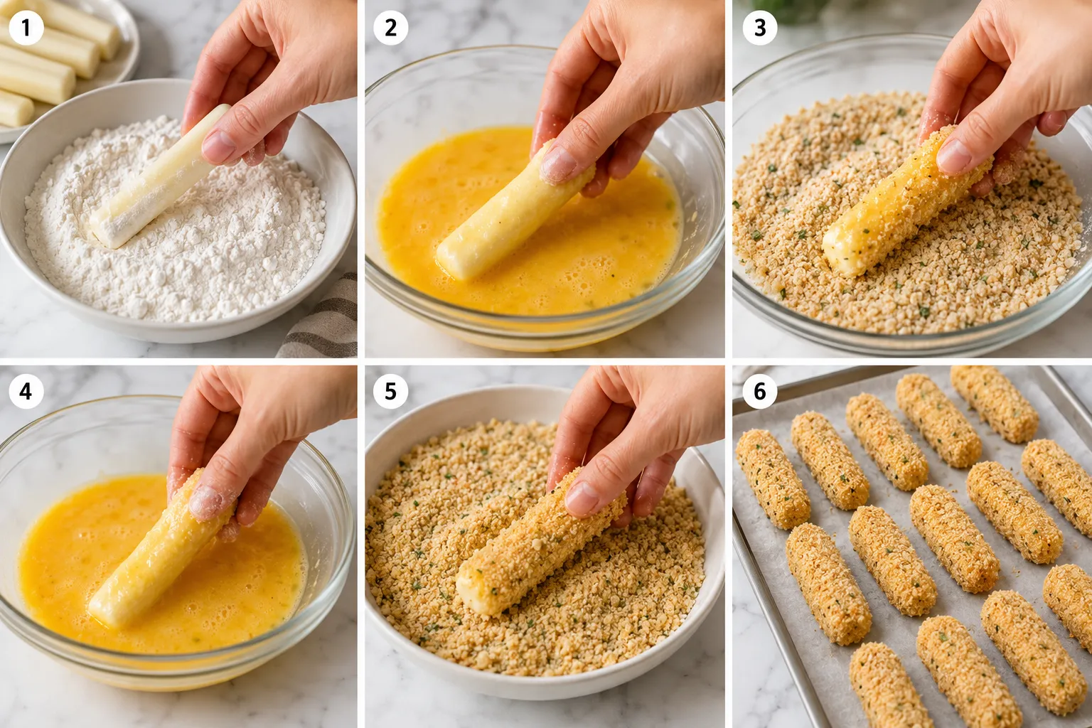 Breaded mozzarella sticks being prepared in flour, egg, and breadcrumbs.