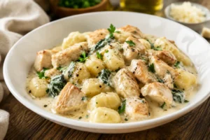 Creamy chicken gnocchi served in a bowl with parmesan and parsley