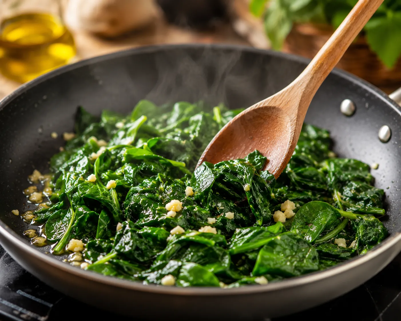 Fresh spinach cooking in a skillet for spinach feta toast