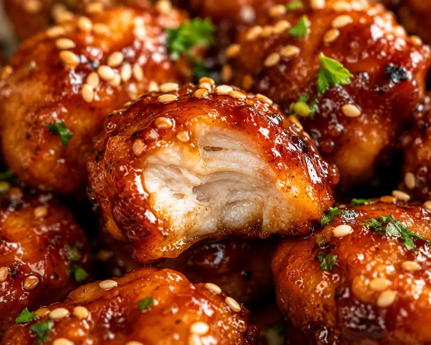 Close-up of crispy honey BBQ chicken bites with glossy sauce