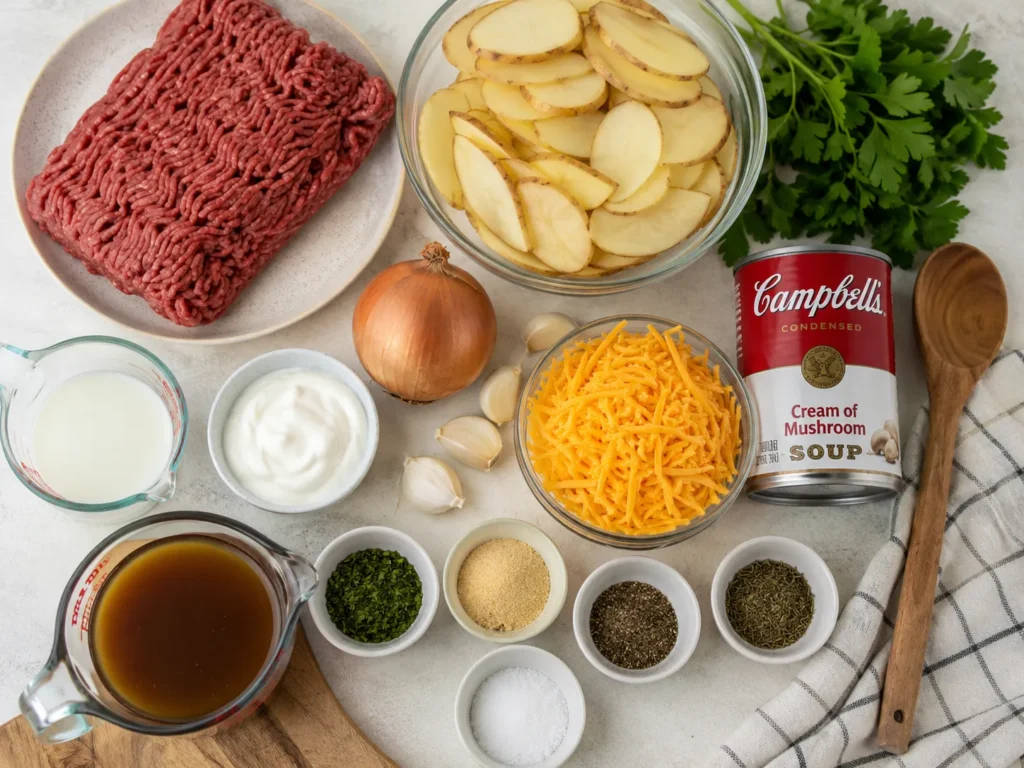 Ingredients for hobo casserole ground beef recipe on a kitchen counter