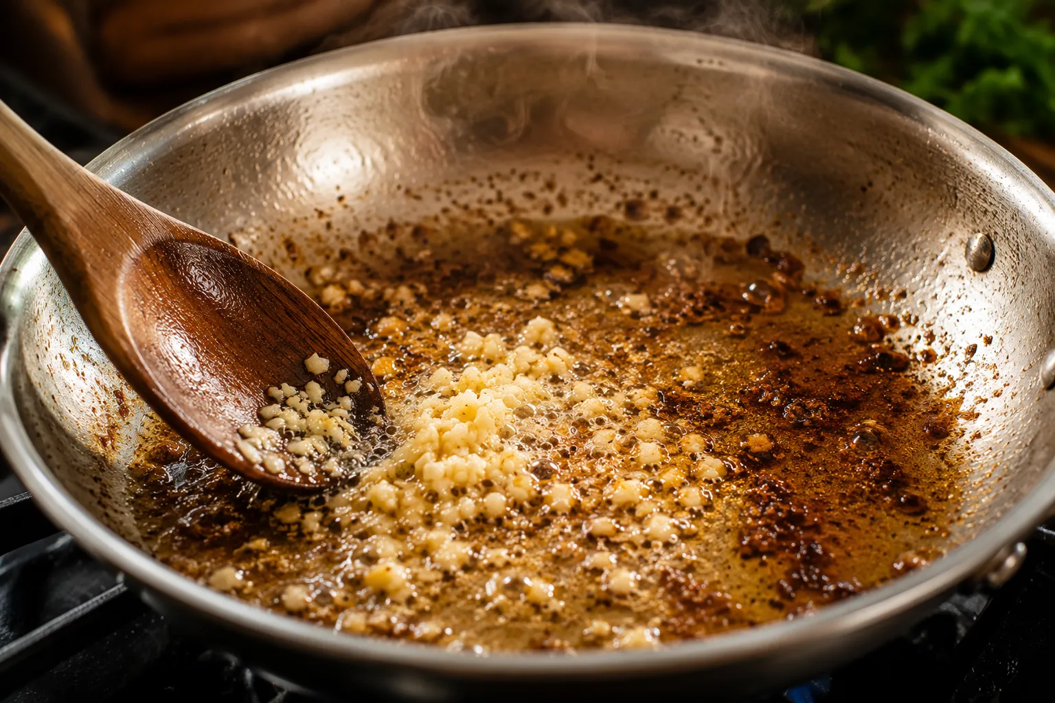 Garlic cooking in butter for creamy garlic parmesan sauce