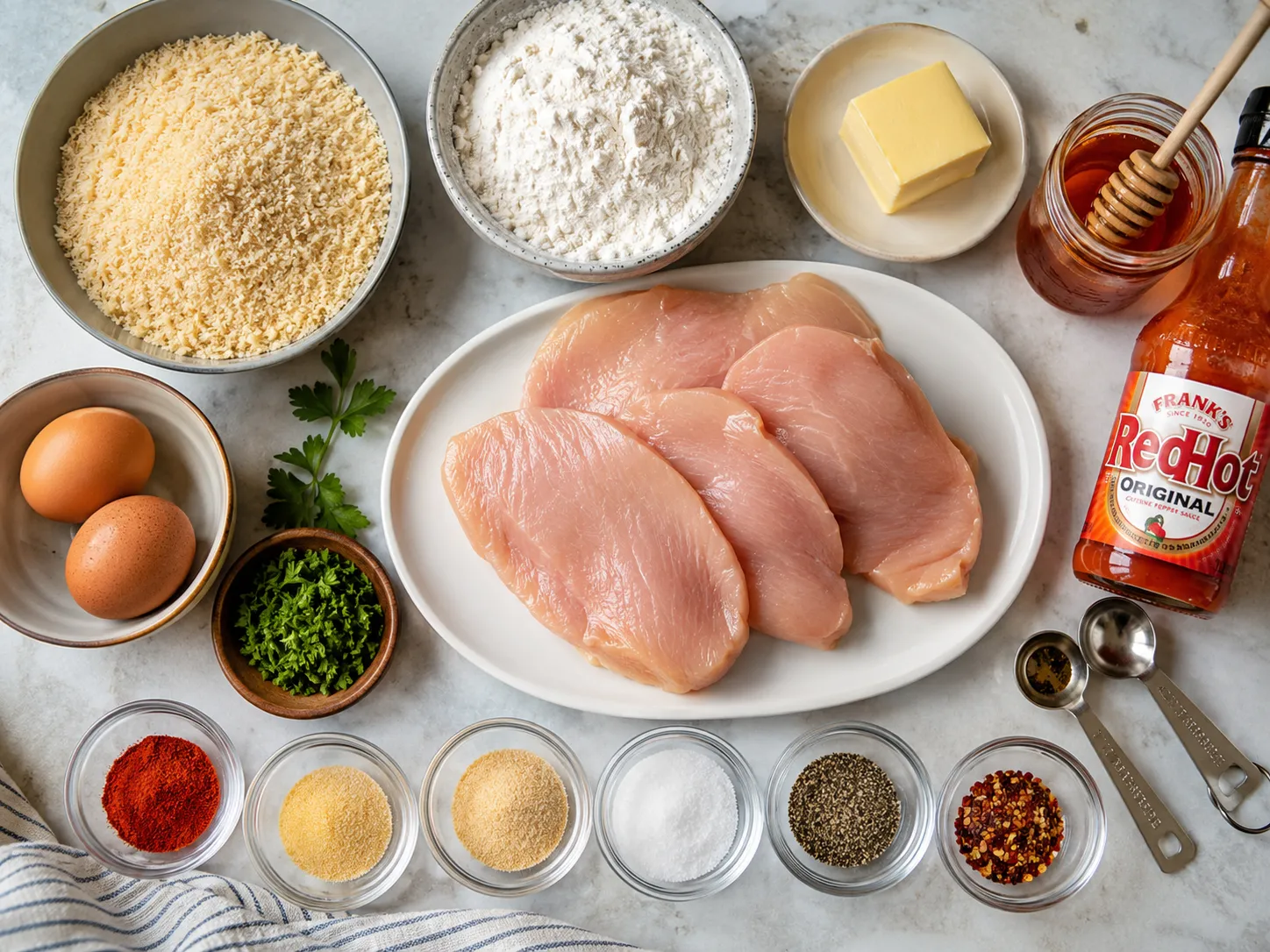 Ingredients for Baked Hot Honey Chicken on a kitchen counter