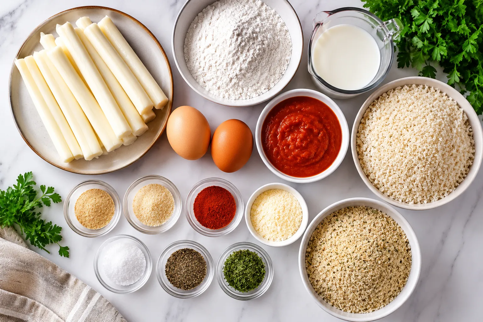 Mozzarella sticks ingredients arranged on a kitchen counter.