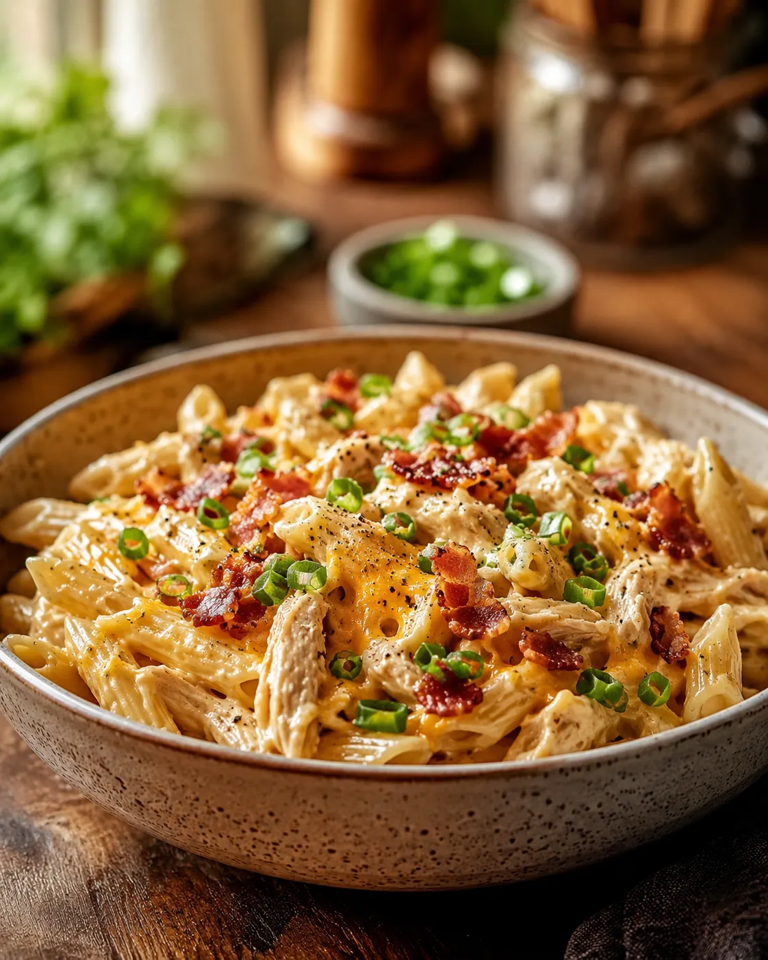Final bowl of Cozy Crack Chicken Pasta with cheddar and bacon