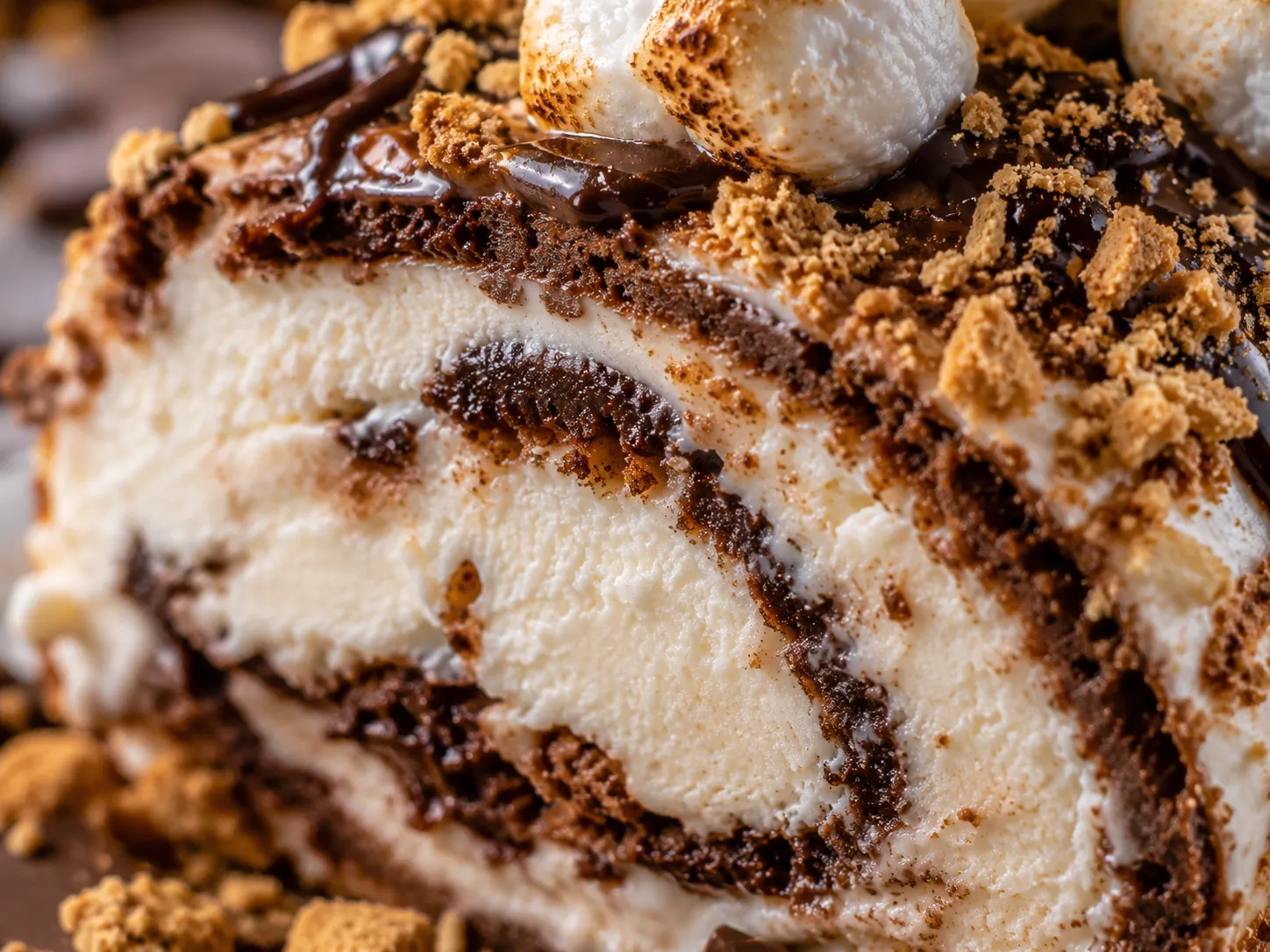 Close-up of creamy S'Mores Icecream Roll dessert slice