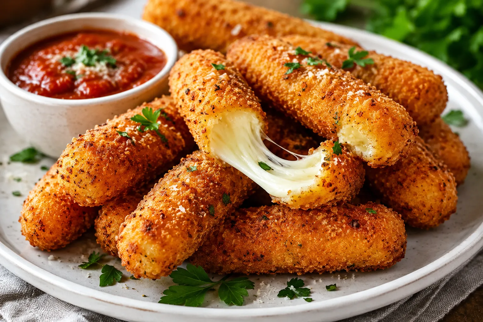 Crispy homemade mozzarella sticks recipe with marinara sauce.