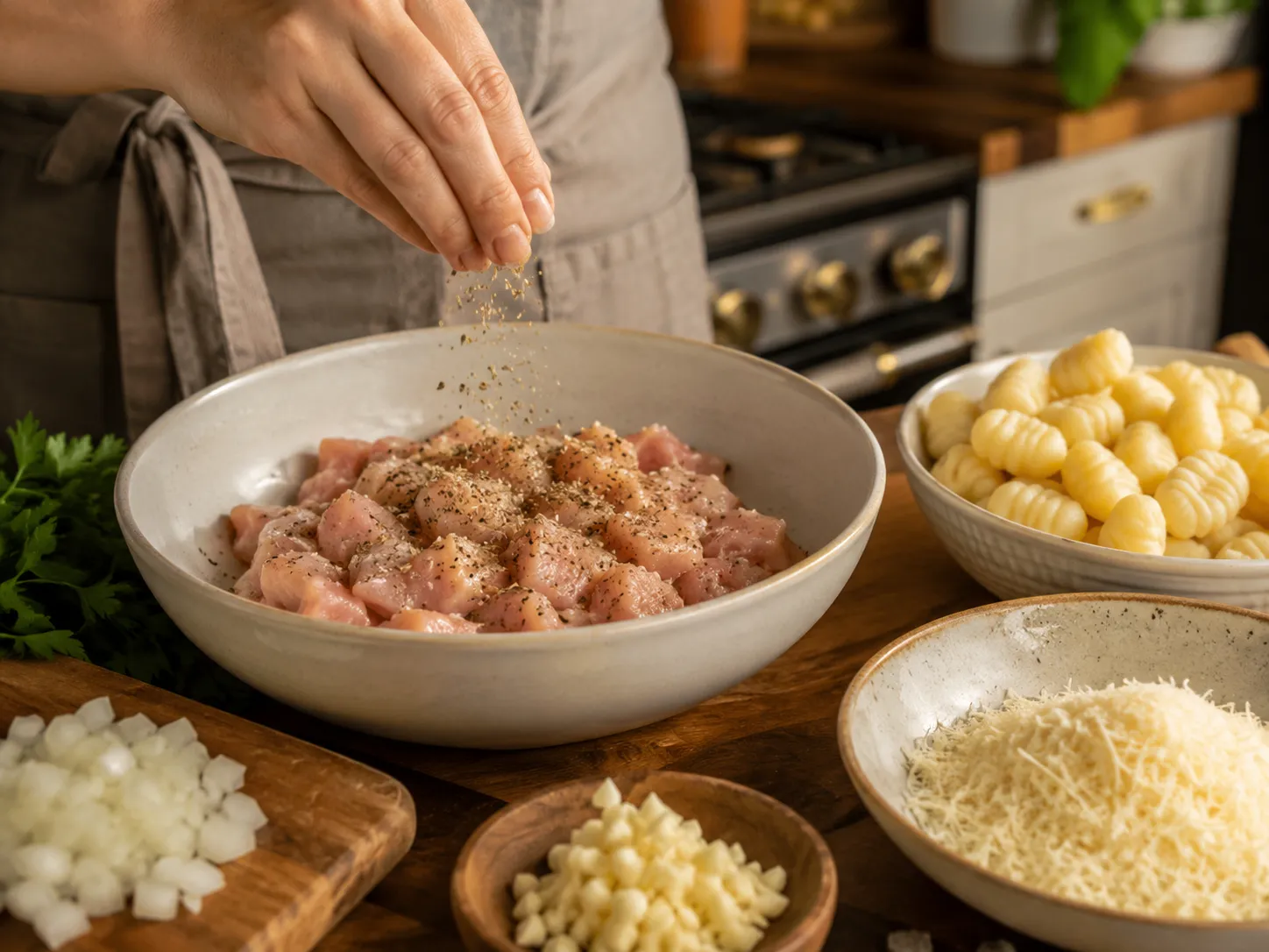 Seasoned chicken pieces being prepared for creamy chicken gnocchi
