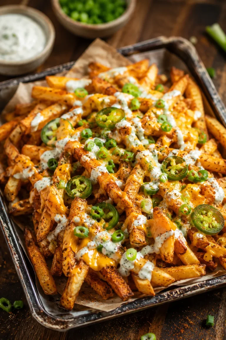 Louisiana Voodoo Fries Recipe with cheese sauce and ranch drizzle