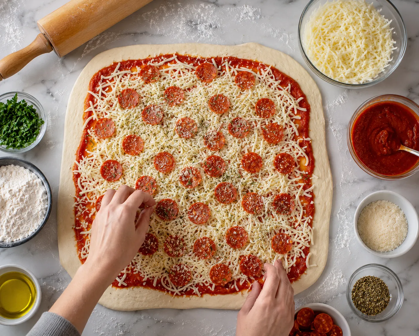 Pizza dough topped with mozzarella, pepperoni, and sauce for stuffed pizza spiral