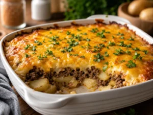 Hobo casserole ground beef recipe baked with potatoes and melted cheese
