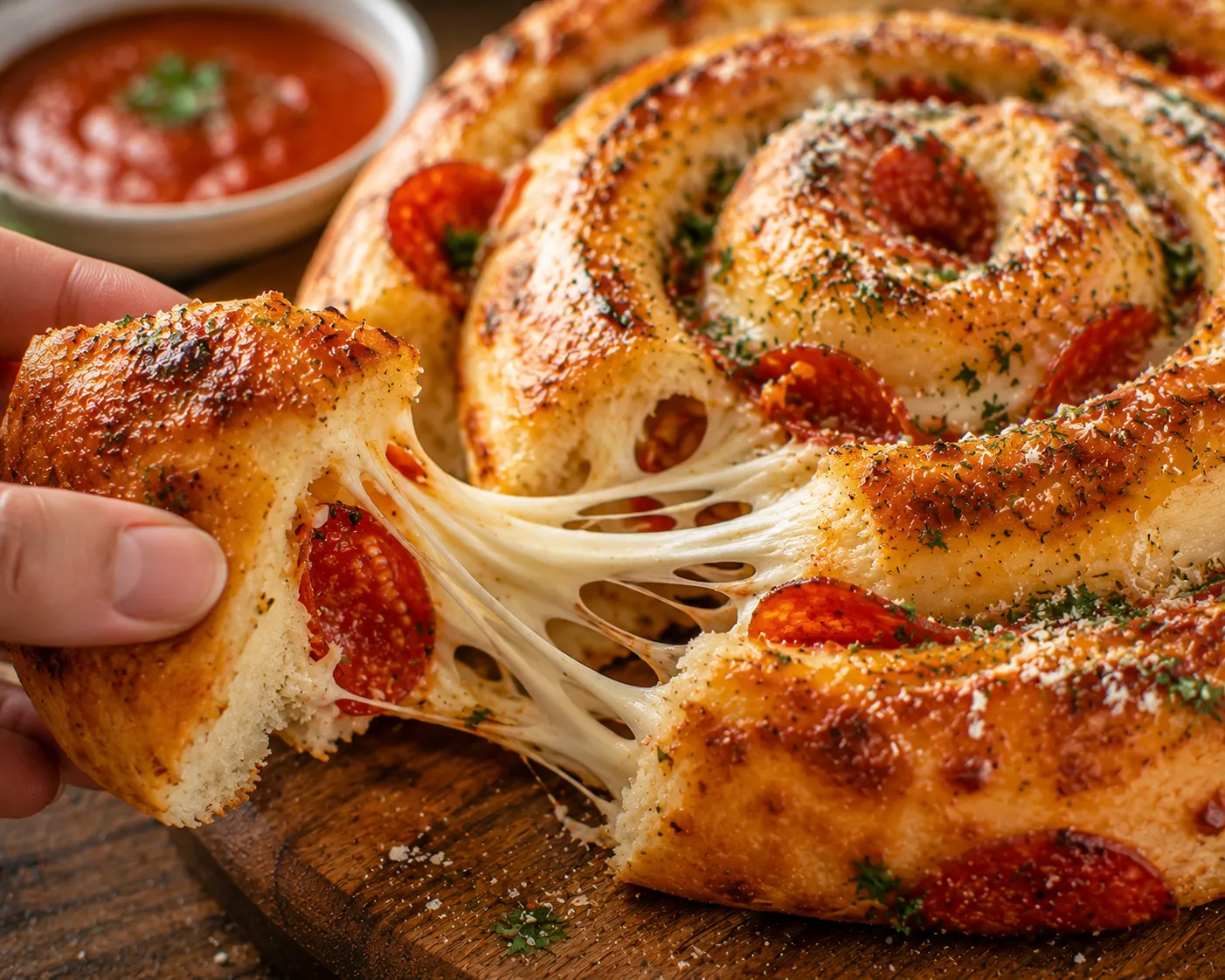 Close-up of cheesy Jumbo Pepperoni Stuffed Pizza Spiral pull-apart texture