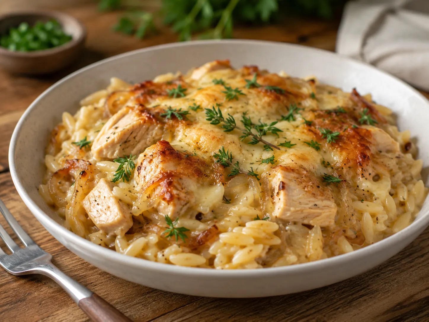 Baked French Onion Chicken Orzo Casserole in a white dish