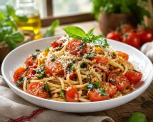 Fresh Bruschetta Pasta with tomatoes and basil
