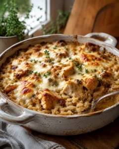 French Onion Chicken Orzo Casserole with melted Gruyère cheese