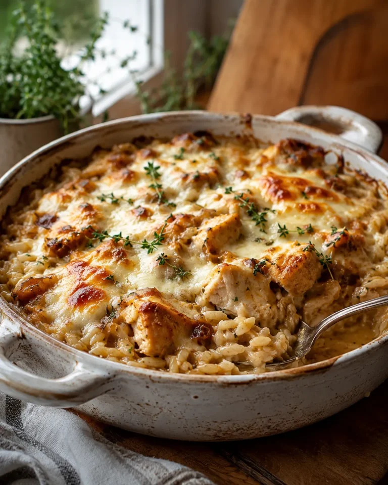 French Onion Chicken Orzo Casserole with melted Gruyère cheese