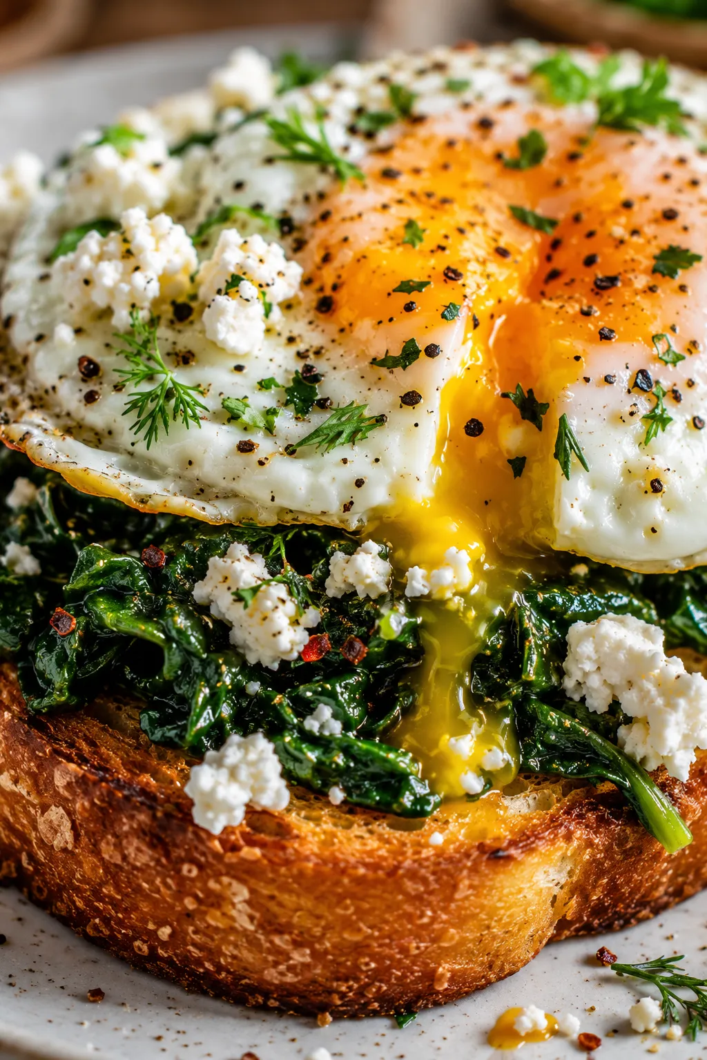 Close-up of runny egg yolk on spinach and feta toast