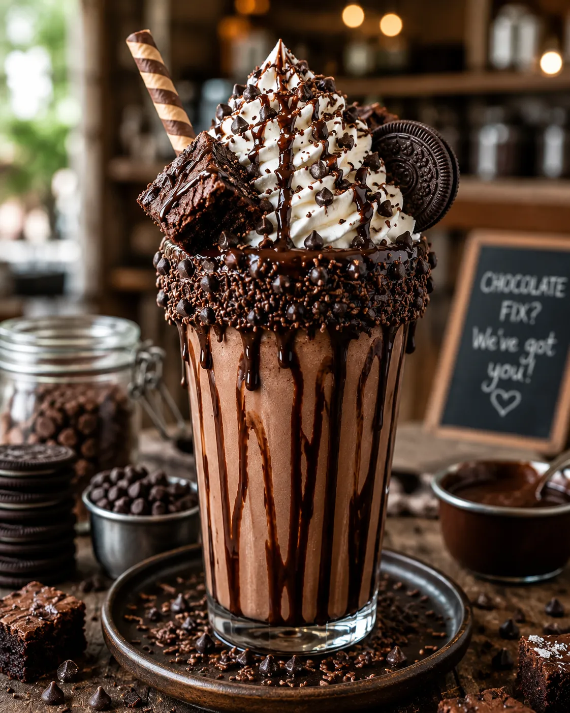 Finished chocolate freakshake served in a tall glass with brownie toppings