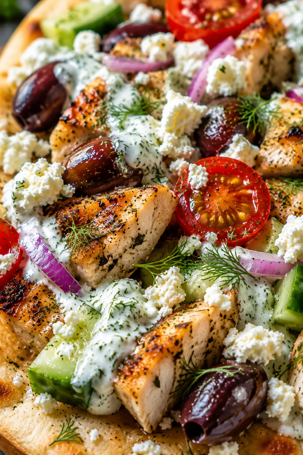 Close-up of Greek chicken flatbread with creamy tzatziki drizzle and fresh toppings