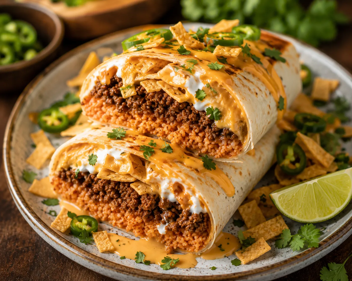 Grilled Taco Bell Beefy Melt Burrito served with salsa and nacho cheese sauce.