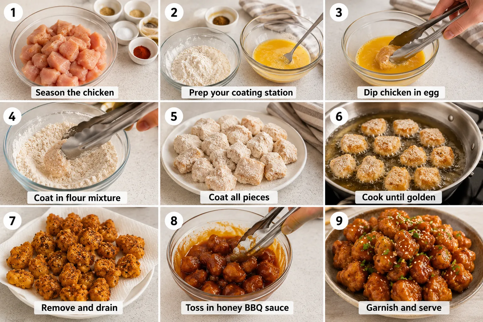 Ingredients for homemade honey BBQ chicken bites on a kitchen counter