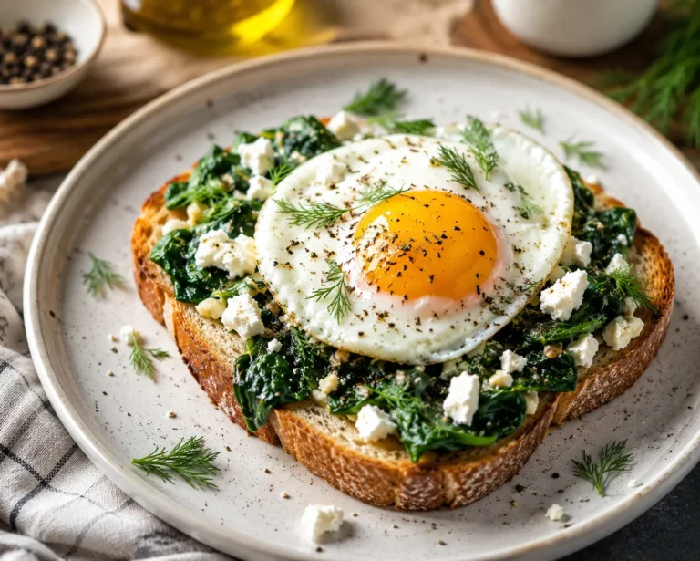 Spinach and Feta Egg Toast with sunny-side-up egg on sourdough