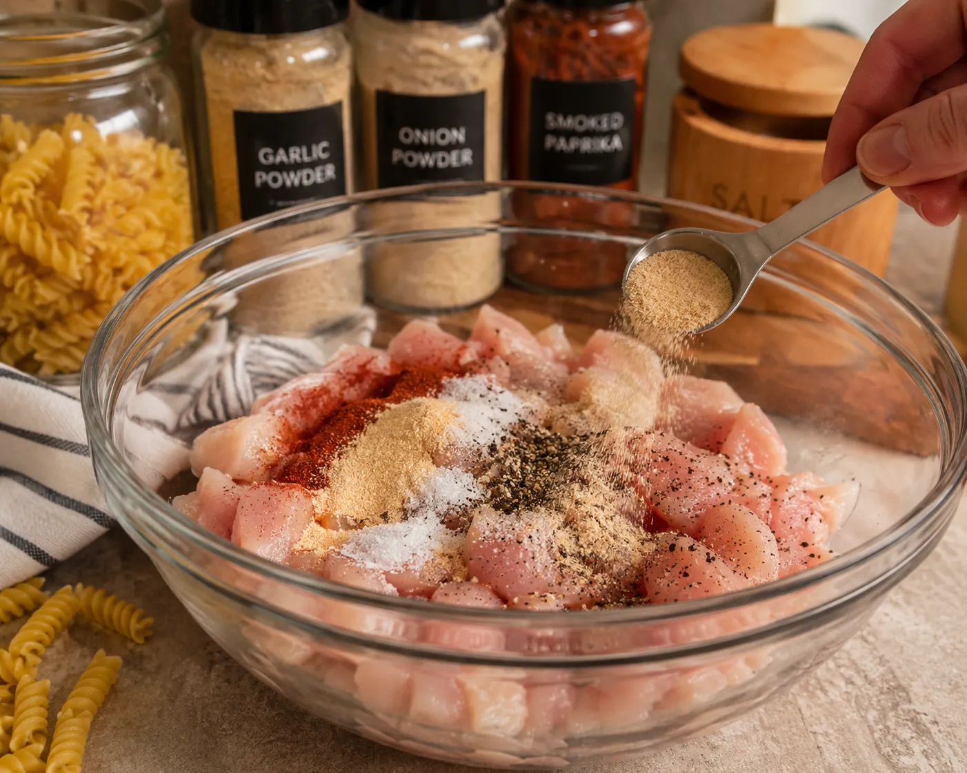 Chicken pieces seasoned for Cozy Crack Chicken Pasta