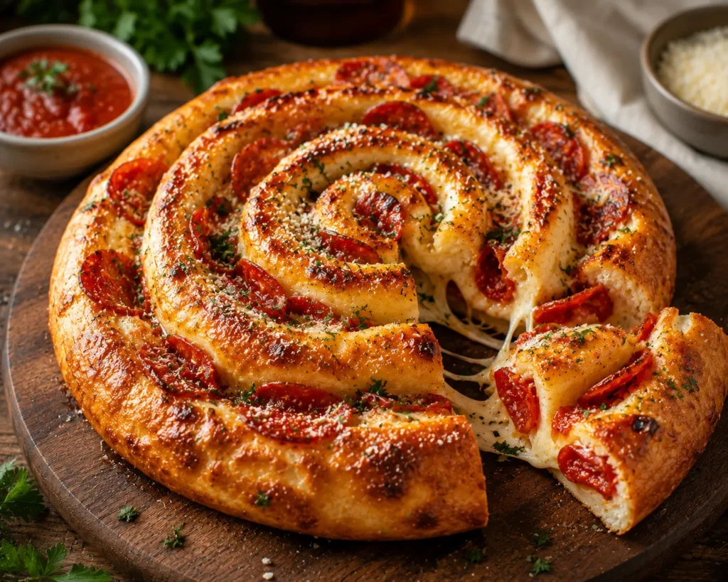 Sliced pepperoni stuffed pizza spiral served with warm marinara sauce
