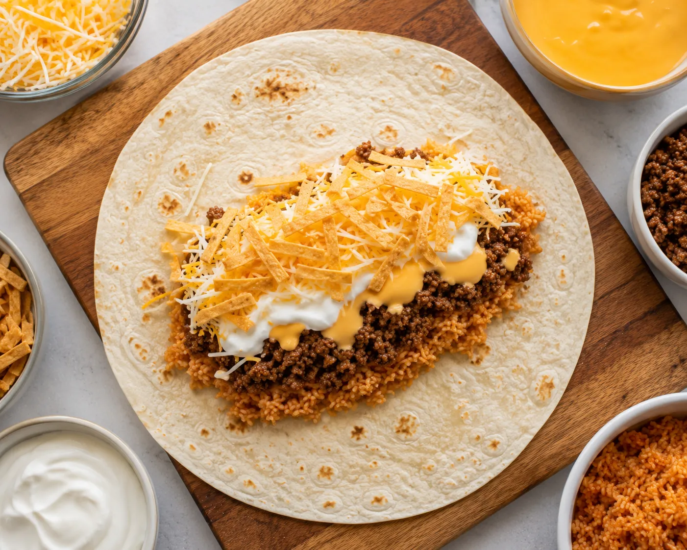 Flour tortilla filled with seasoned rice, beef, nacho cheese, sour cream, and tortilla strips.