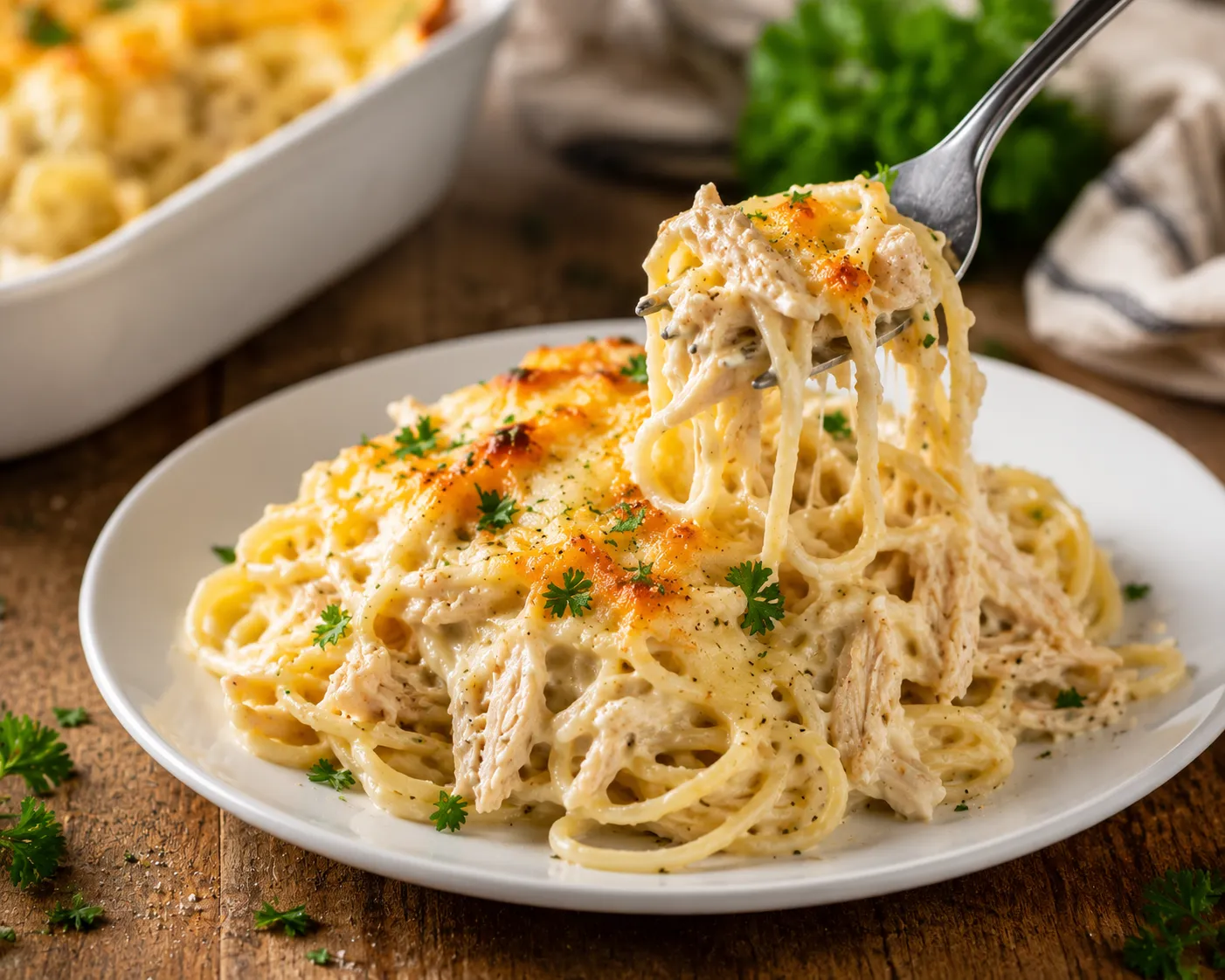 Creamy baked Monterey chicken spaghetti served on a white plate