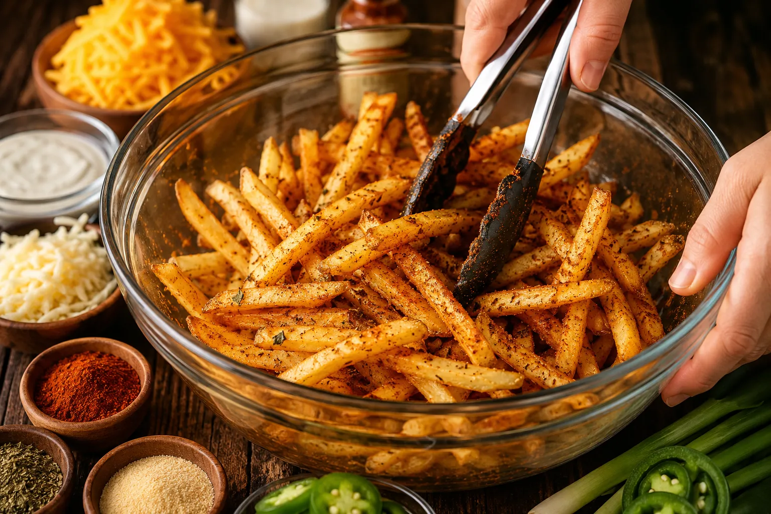 Golden fries tossed with Cajun Voodoo seasoning in a mixing bowl