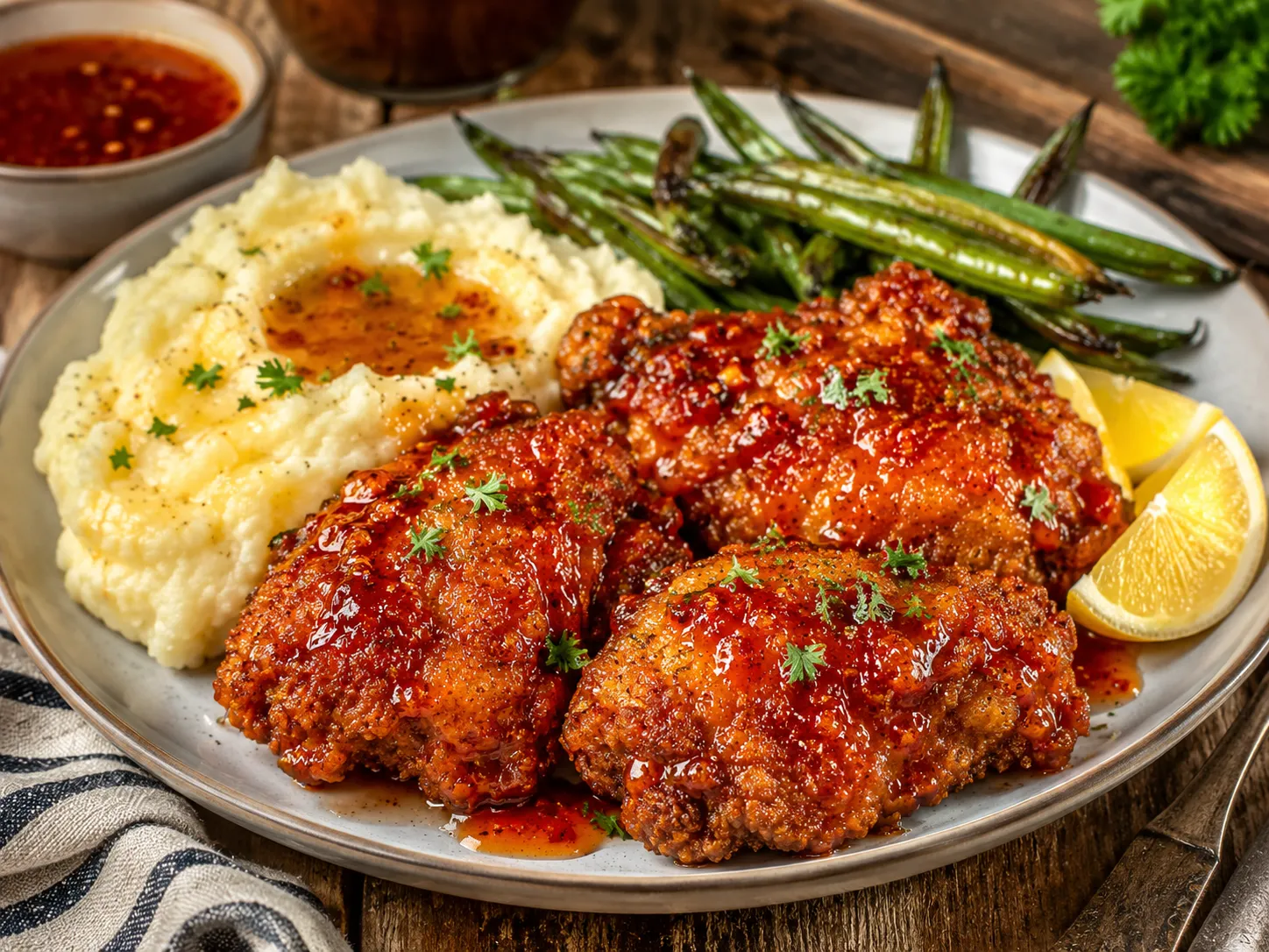 Hot honey glaze brushed over golden baked chicken
