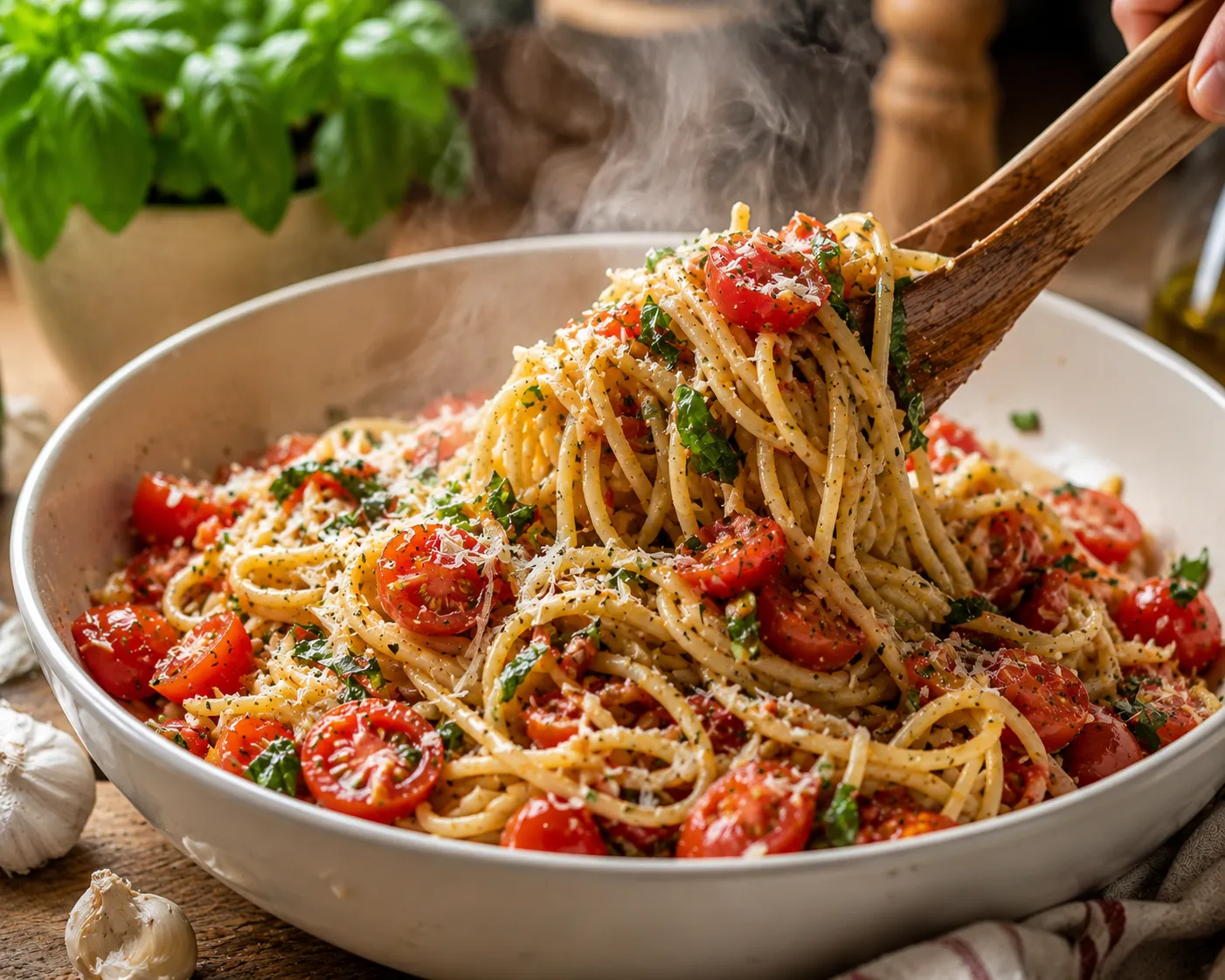 Tomato basil pasta being tossed together