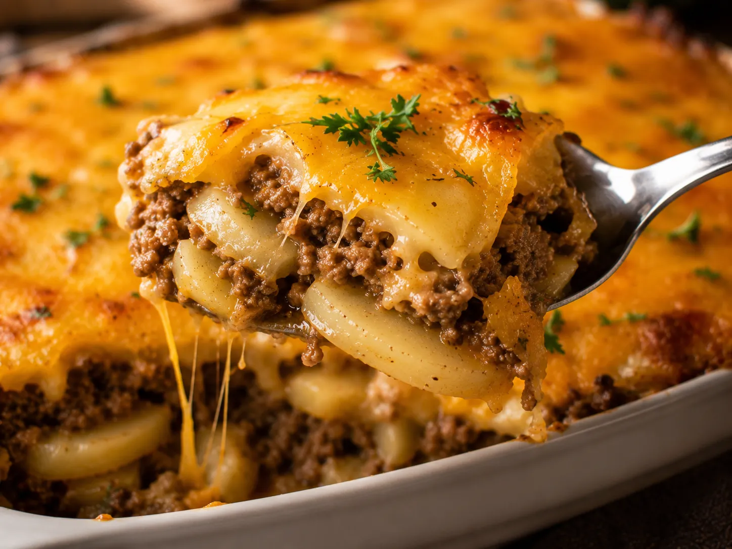 Close-up of creamy ground beef potato casserole with melted cheddar