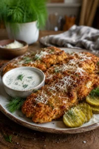 Crispy dill pickle parmesan chicken served with pickles and ranch dip