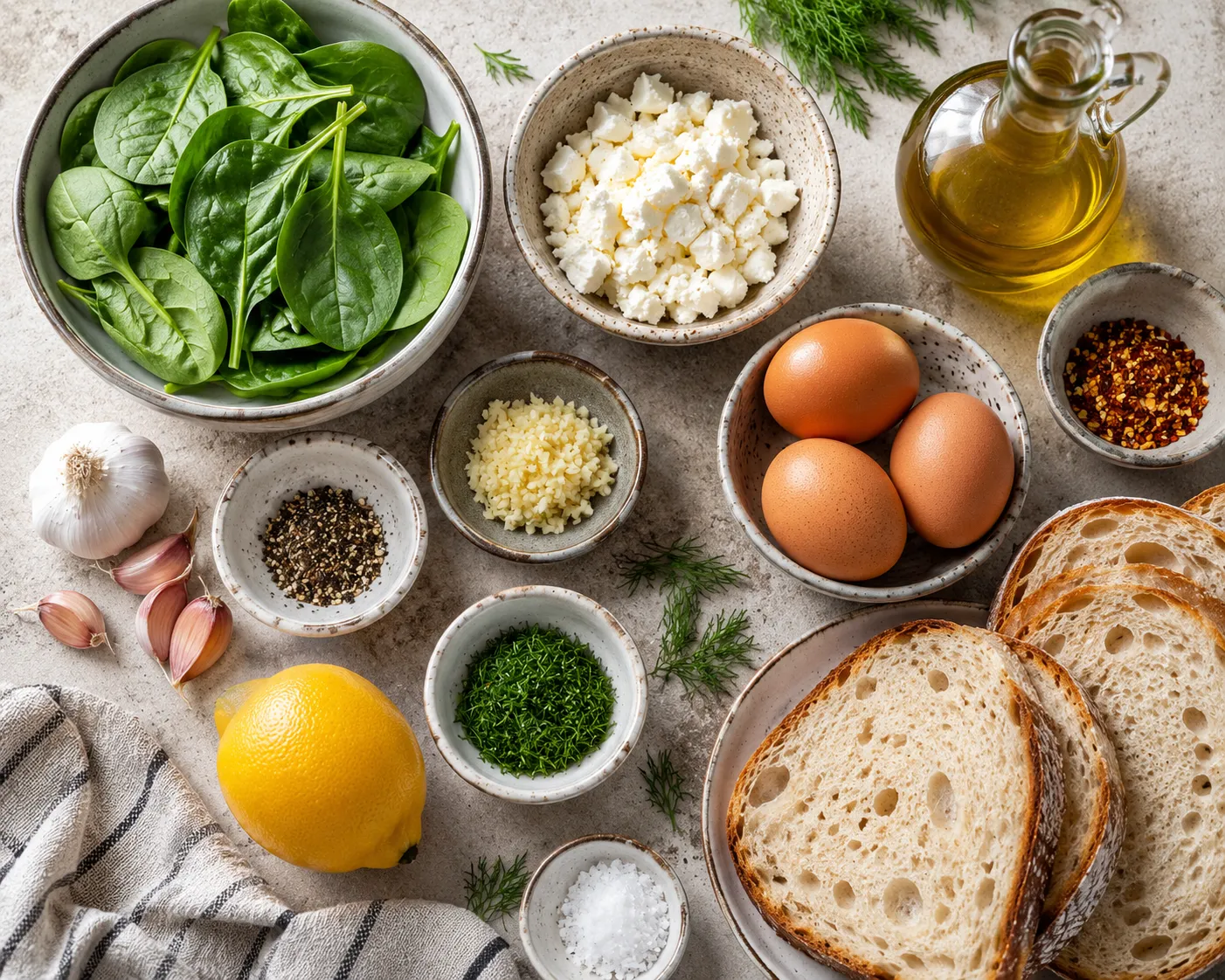 Ingredients for Spinach and Feta Egg Toast on a kitchen counter
