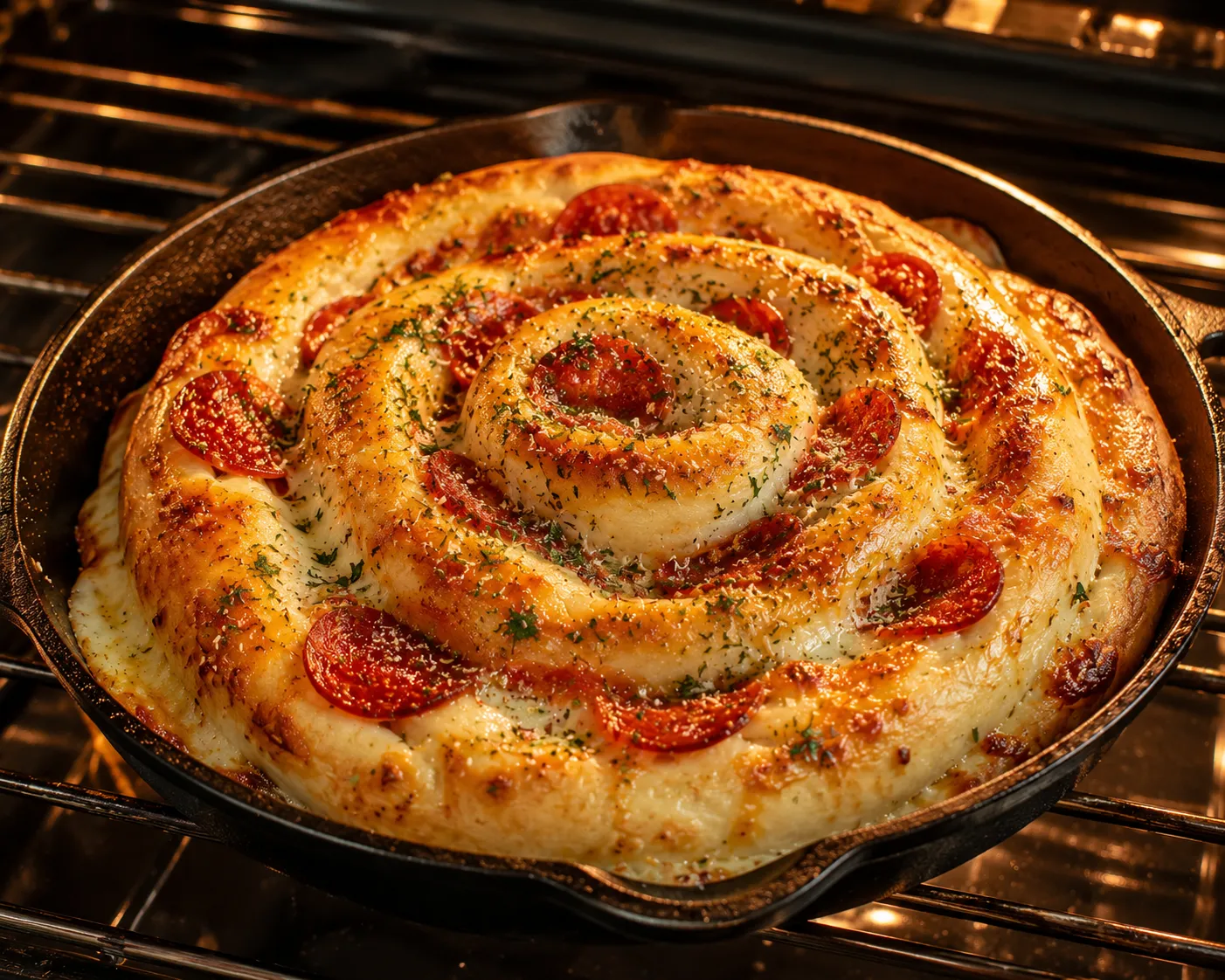 Jumbo Pepperoni Stuffed Pizza Spiral baking in a cast iron skillet