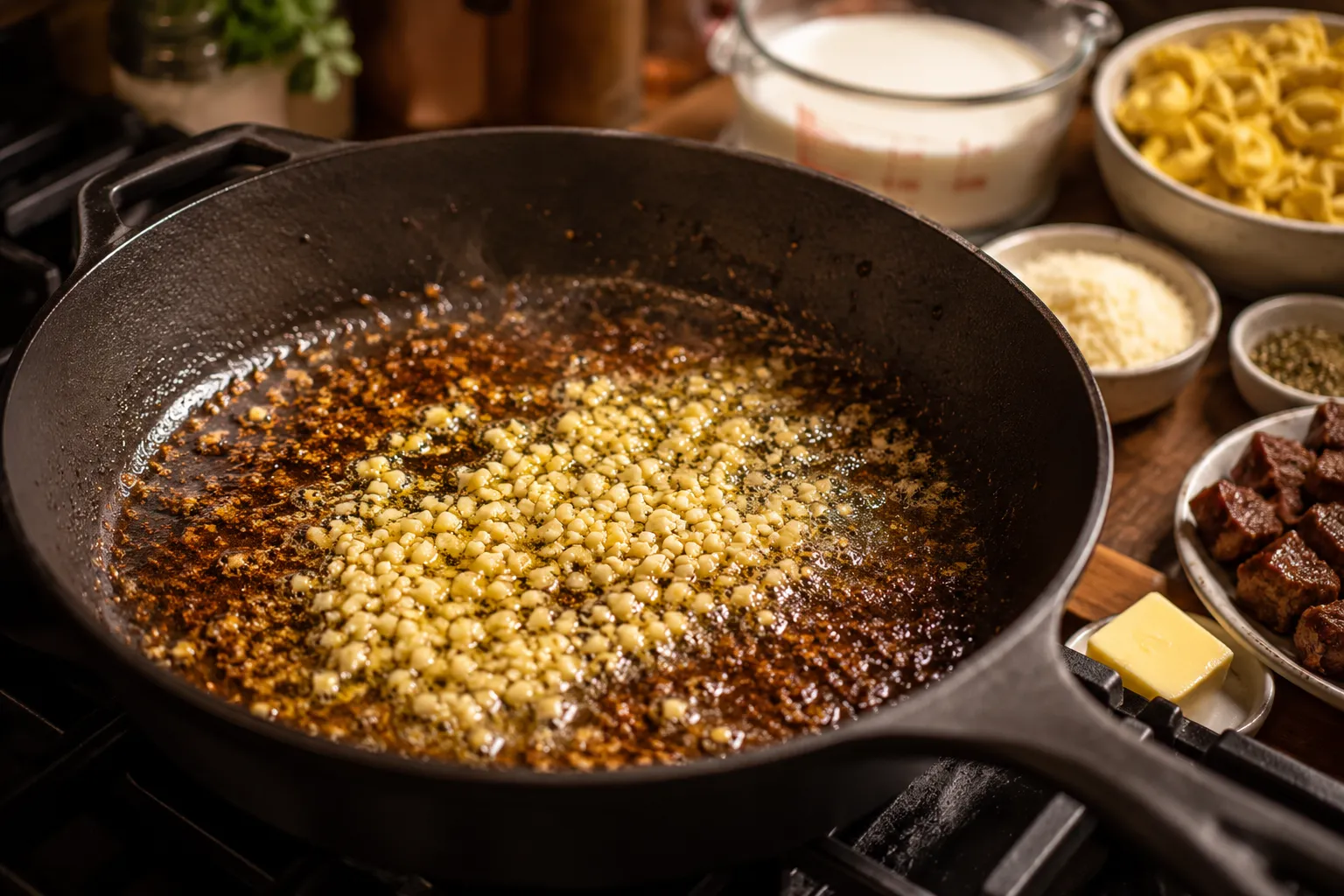 Garlic butter sauce cooking in a skillet for steak tortellini