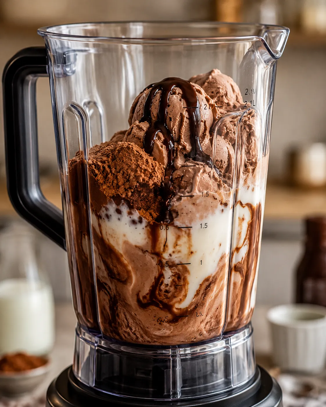 Thick chocolate milkshake blending with cocoa powder and fudge sauce