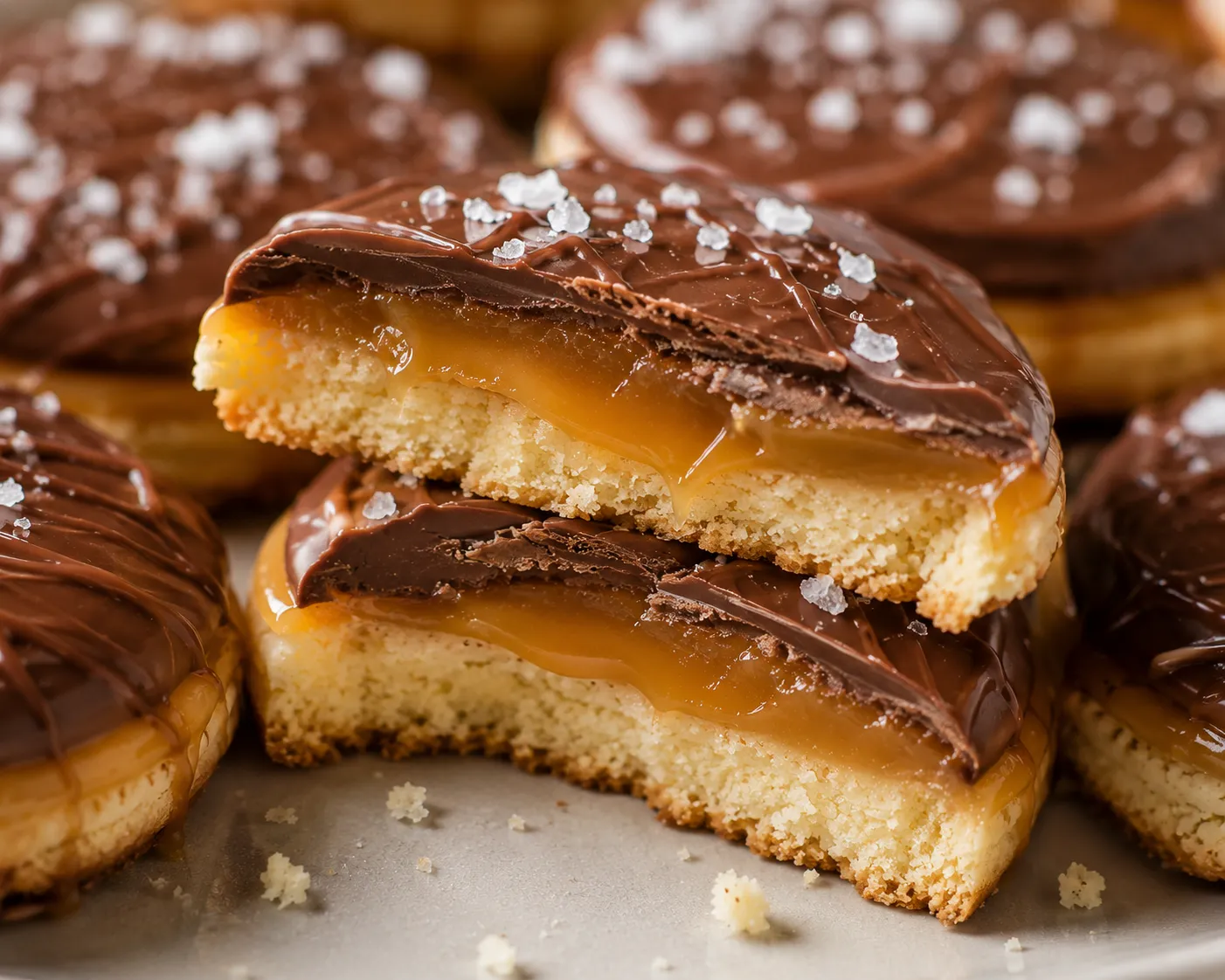 Chocolate caramel shortbread cookies with sea salt