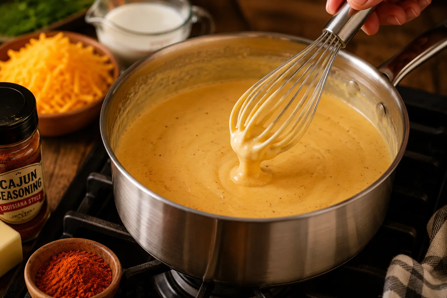 Creamy cheese sauce being whisked for loaded Cajun fries