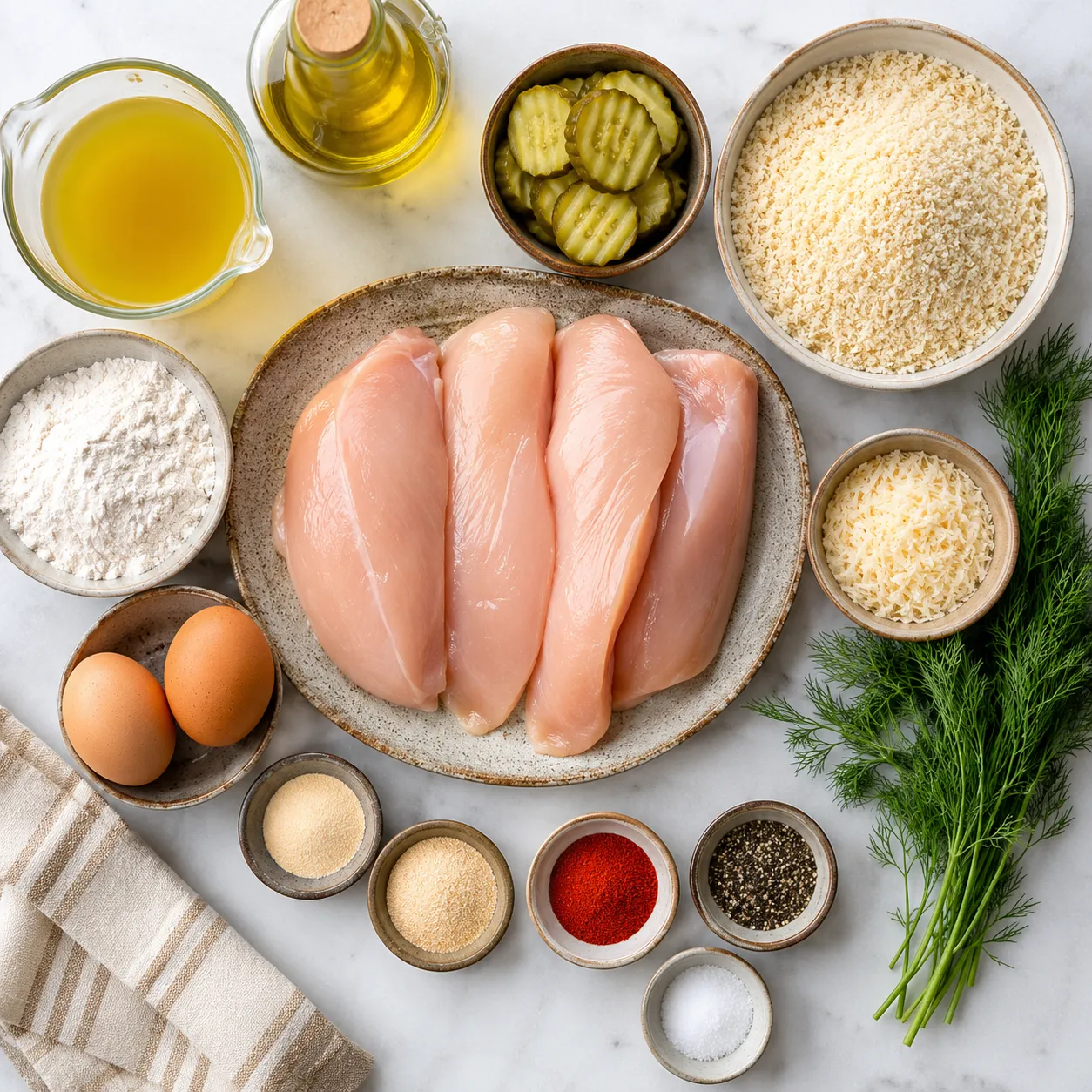Ingredients for crispy dill pickle parmesan chicken on a kitchen counter