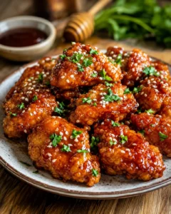 Honey BBQ chicken bites served with parsley and dipping sauce